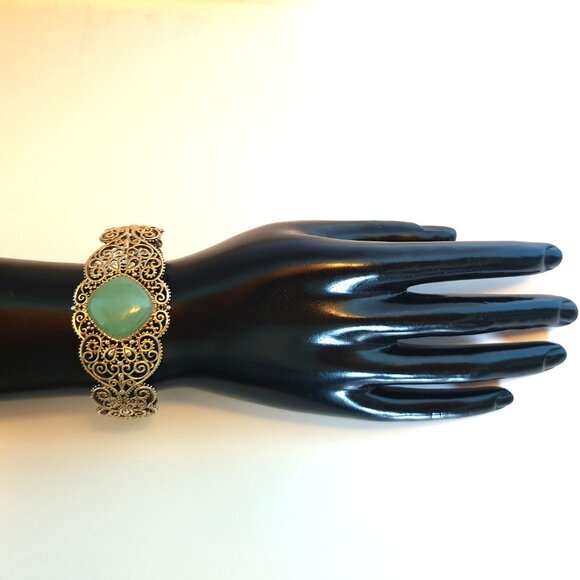 Vintage 1950s Chinese Export Green Jade Sterling Gold Vermeil Filigree Bracelet - Picture 4 of 13